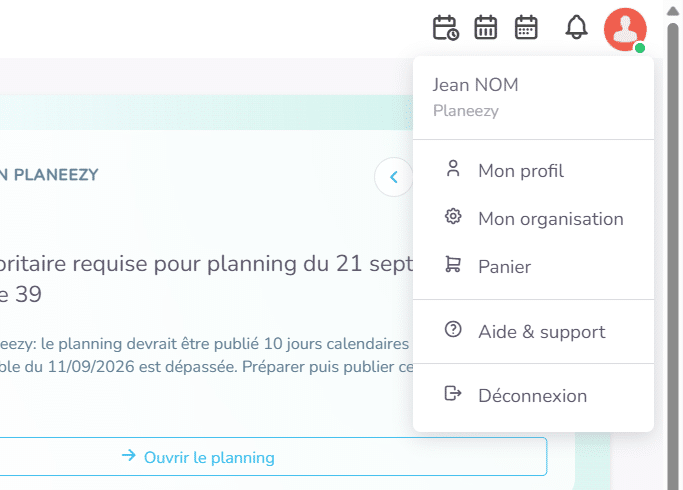 Le menu du compte, avec « Déconnexion »