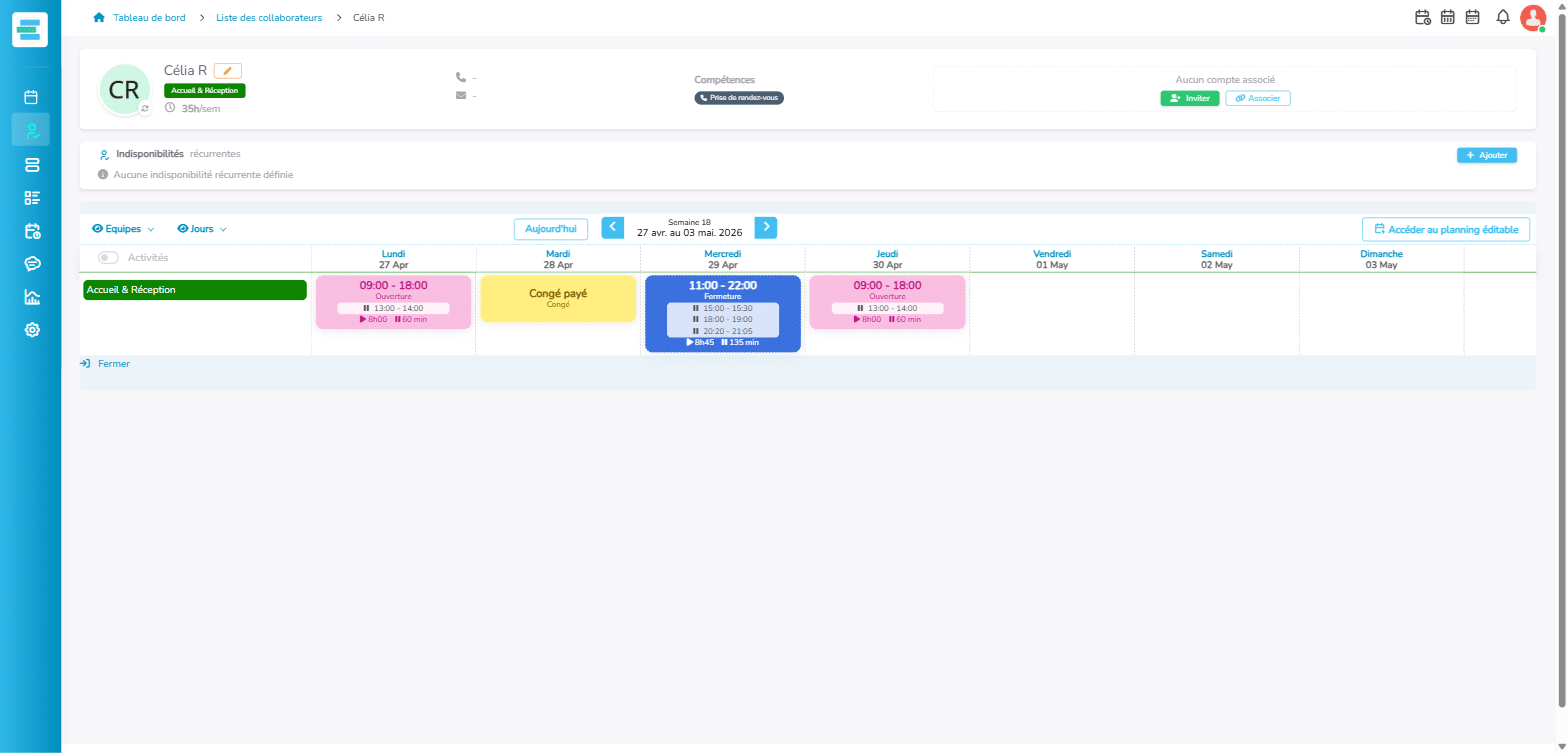 La vue planning d'un collaborateur