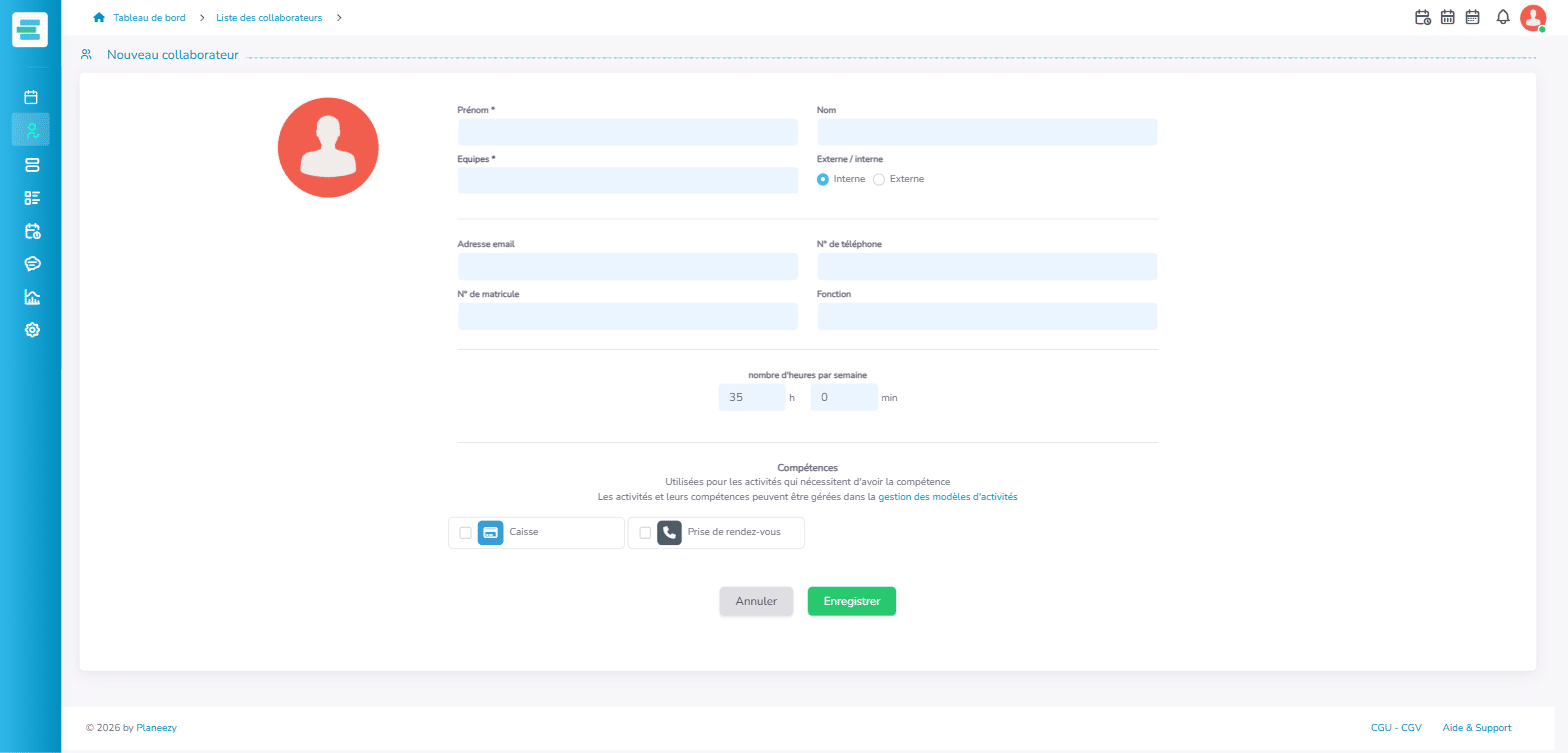 Formulaire Nouveau collaborateur Planeezy