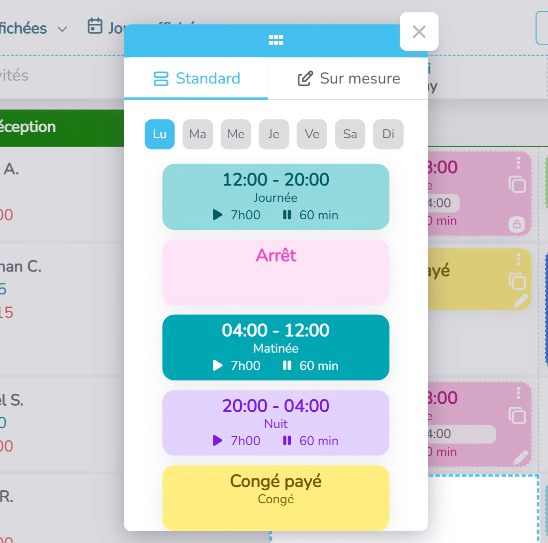 Fenêtre de création d'un shift
