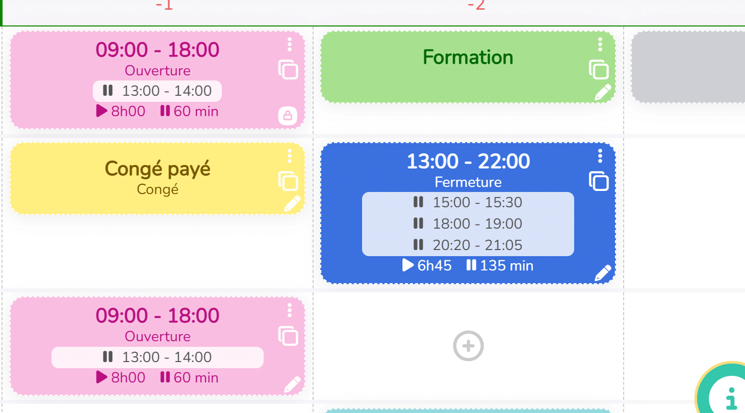 Au survol d'un shift : menu, copie, crayon et verrou
