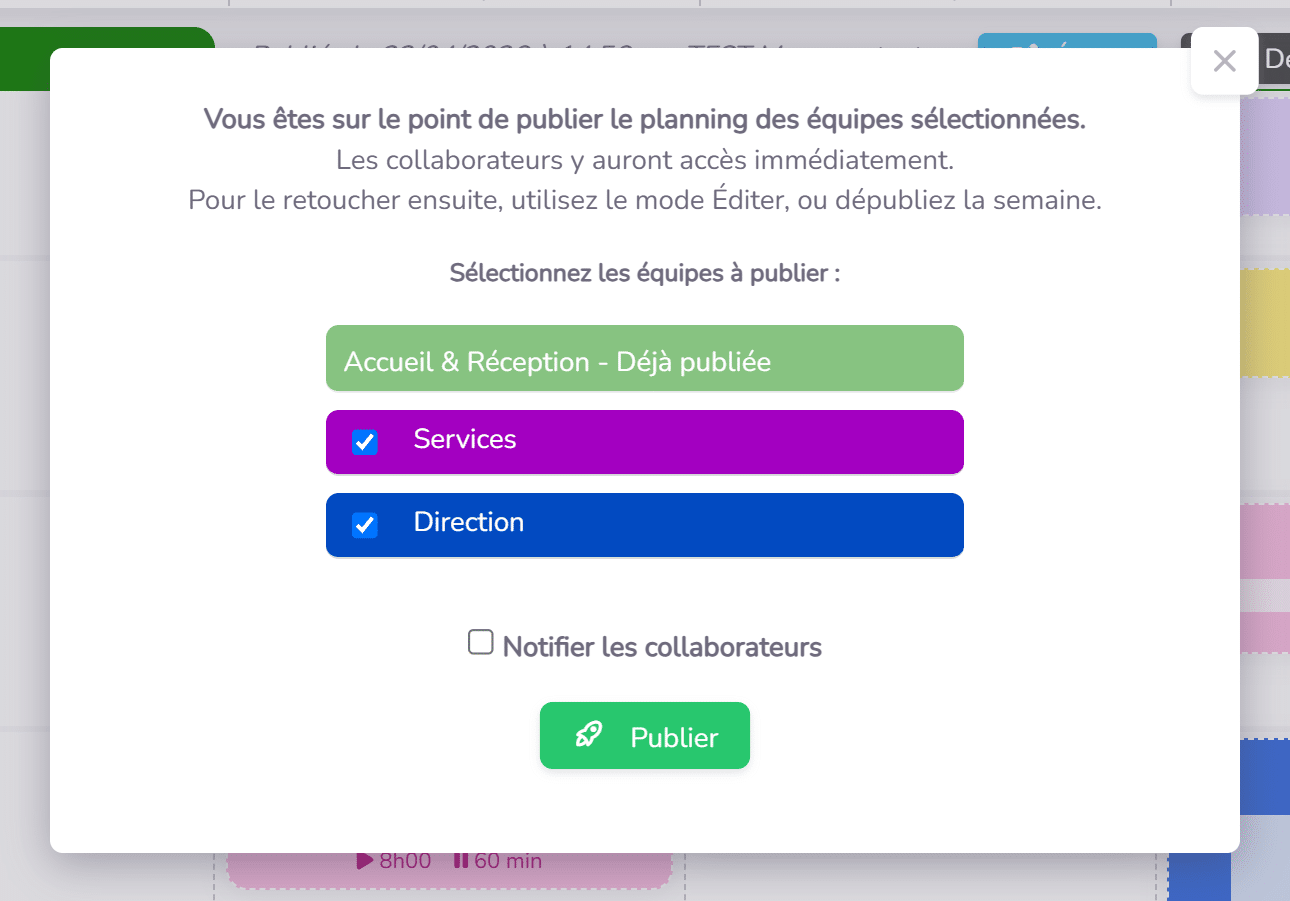 Fenêtre de publication du planning