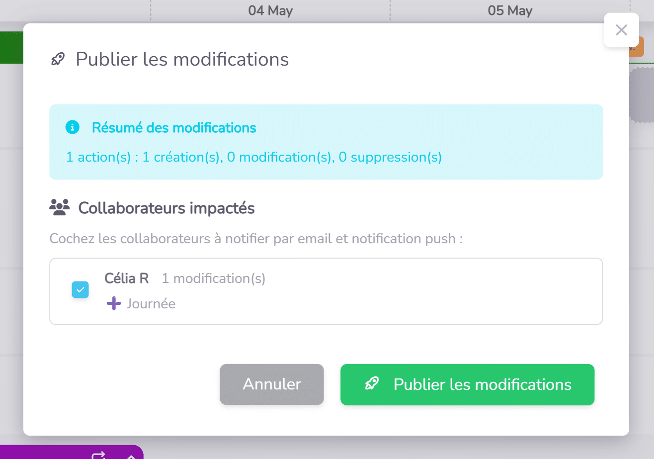 La fenêtre « Publier les modifications » : le résumé des changements et les collaborateurs à prévenir