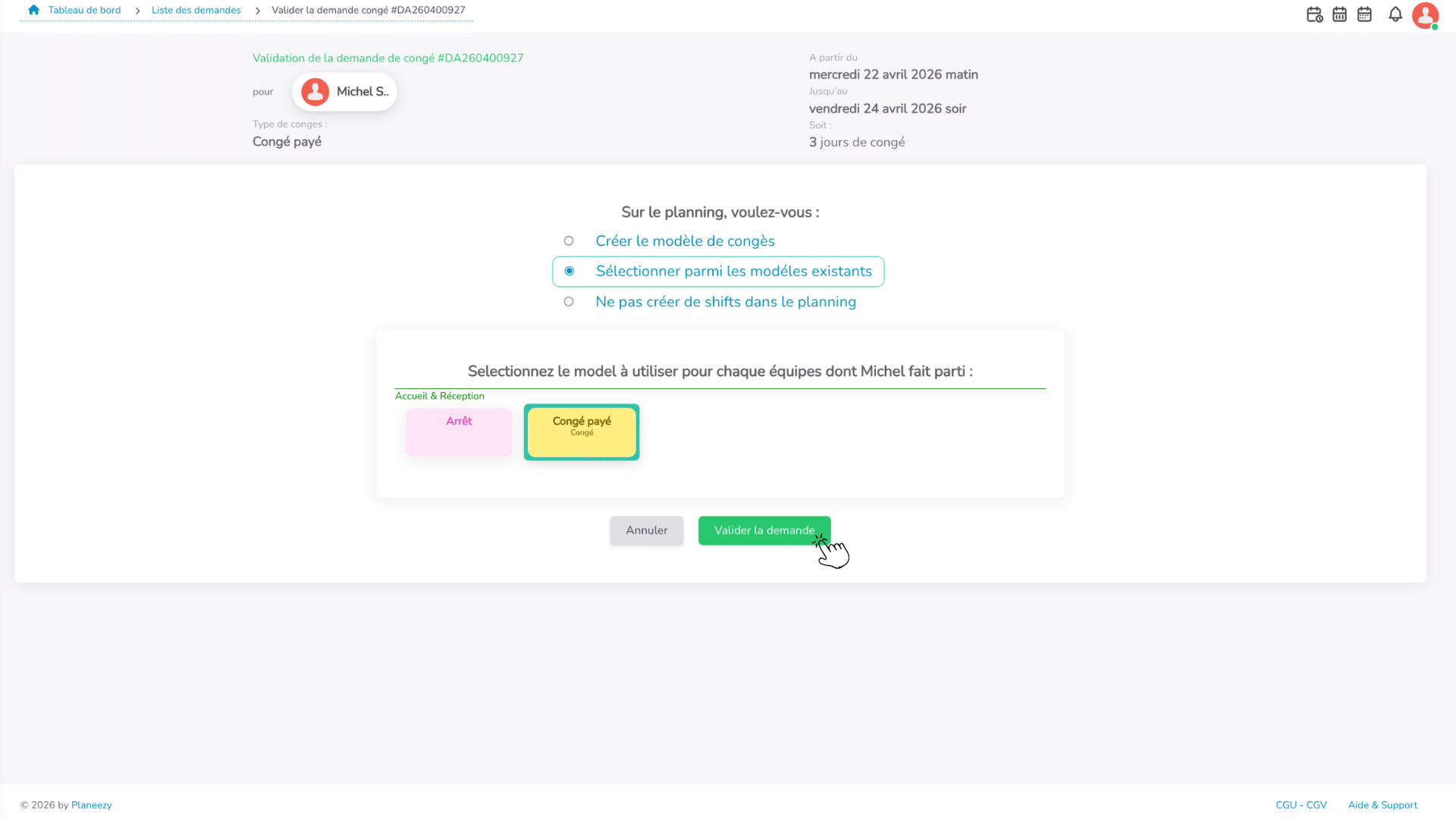 Impact dans le planning lors de la validation