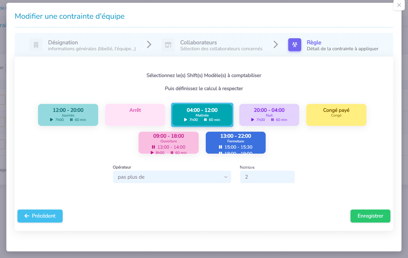 Formulaire de contrainte d'équipe