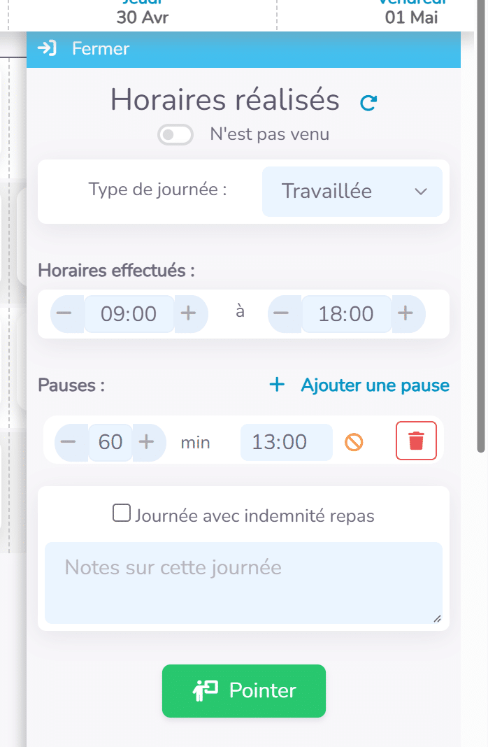 Le panneau de pointage d'une journée