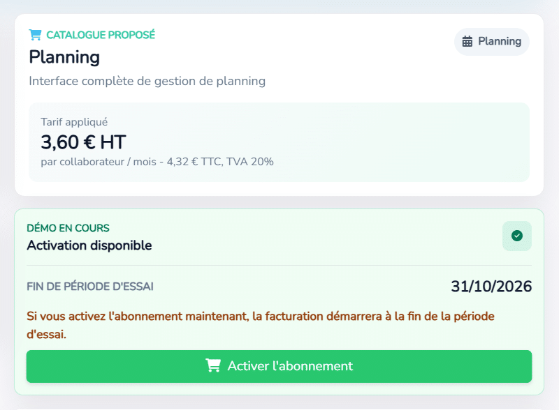 Le bloc abonnement de la page Mon organisation