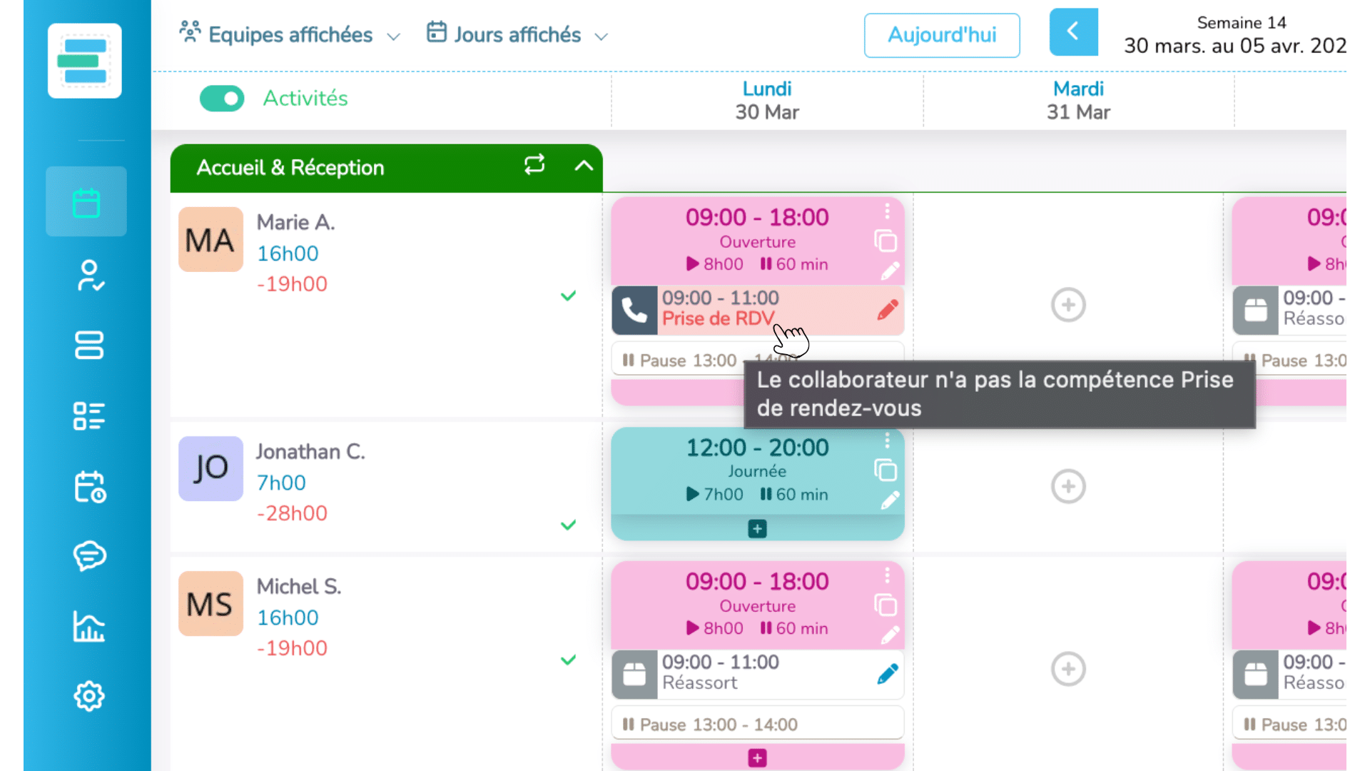 Détail de la compétence manquante affiché au survol dans le planning