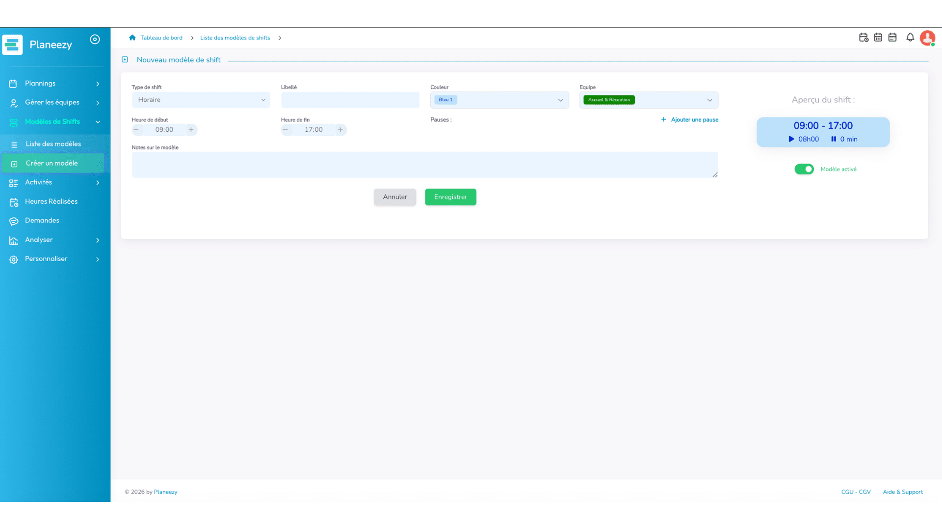 Créer un modèle depuis le menu Modèles de shifts
