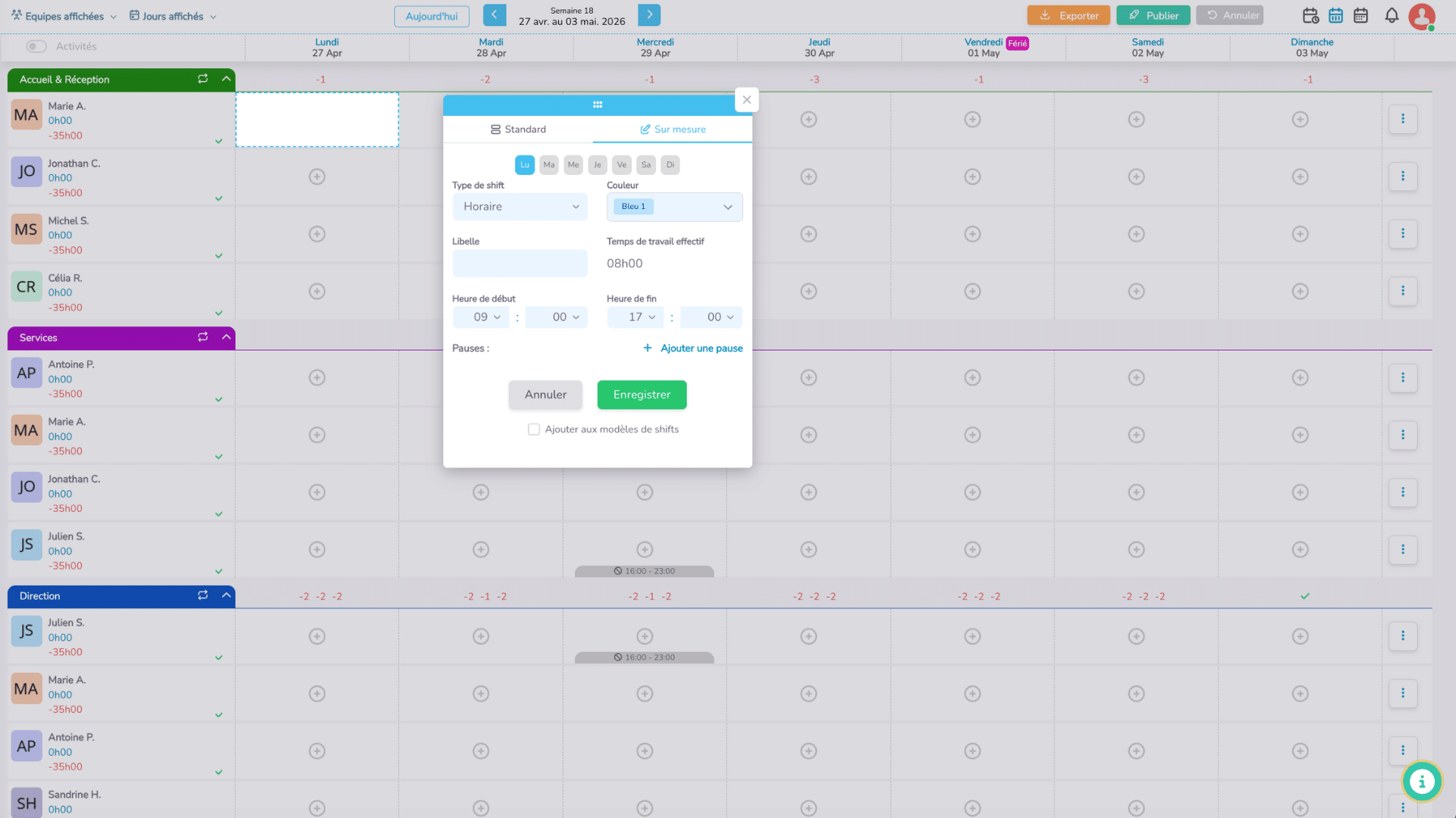 Créer un shift horaire sur mesure depuis le planning