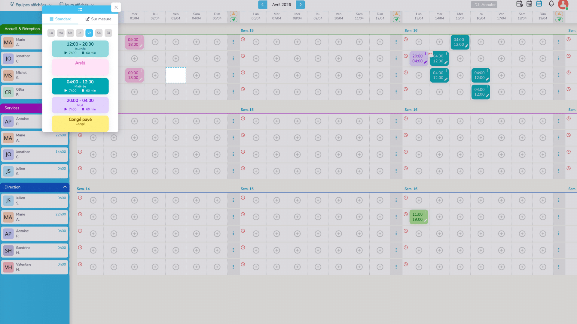 Utiliser les shifts modèles en vue mensuelle