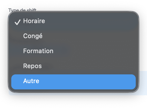 Choisir le type de shift Horaire