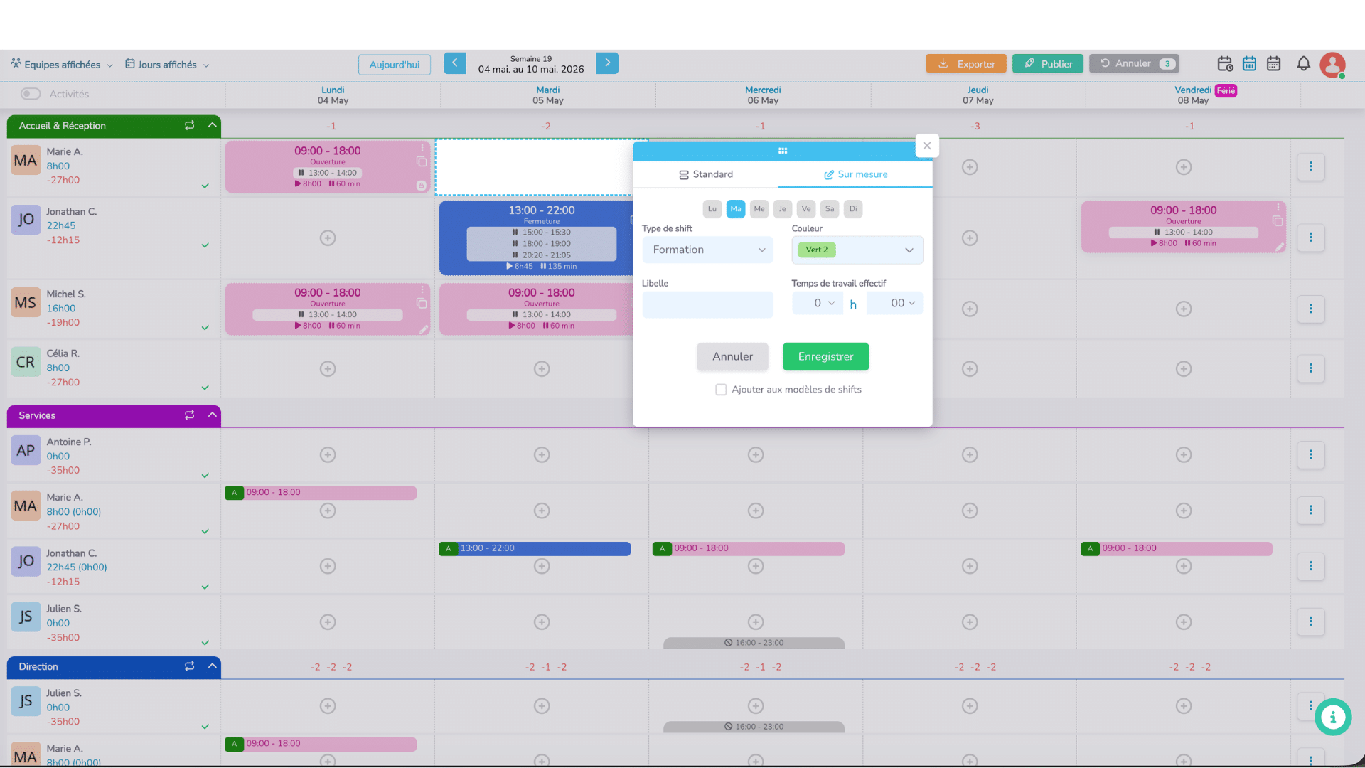 Formulaire de création d'un shift non horaire dans le planning (exemple avec le type Formation).