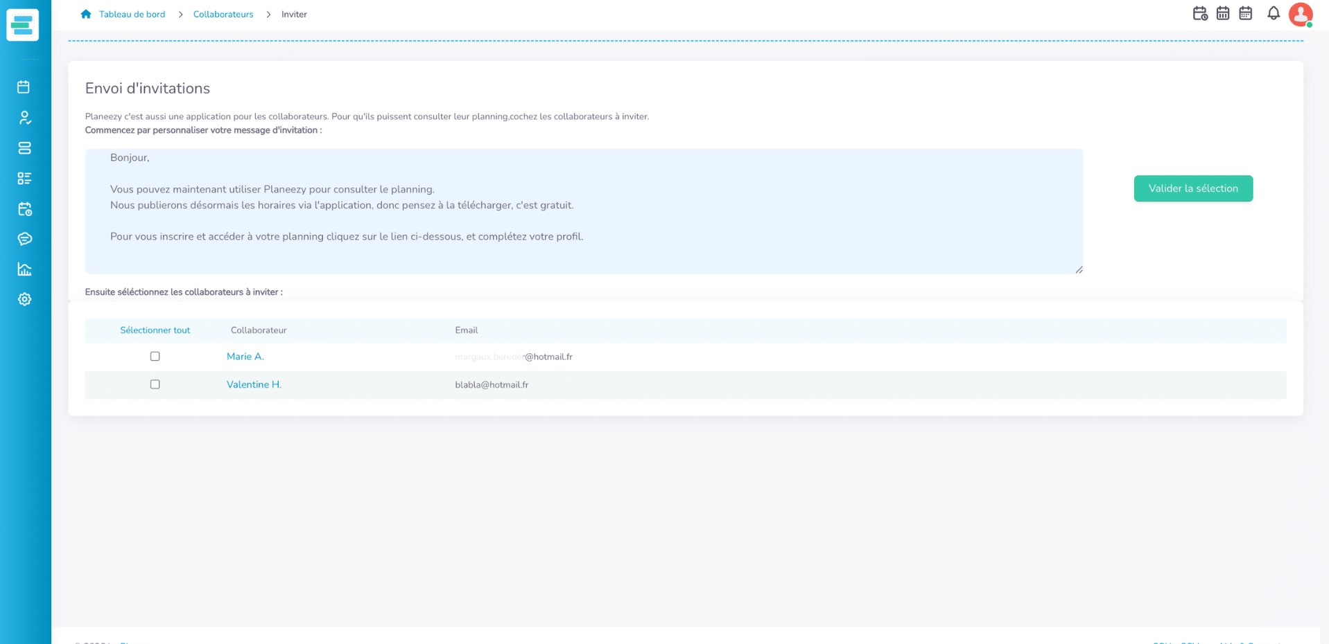 Personnaliser le message et sélectionner les collaborateurs à inviter
