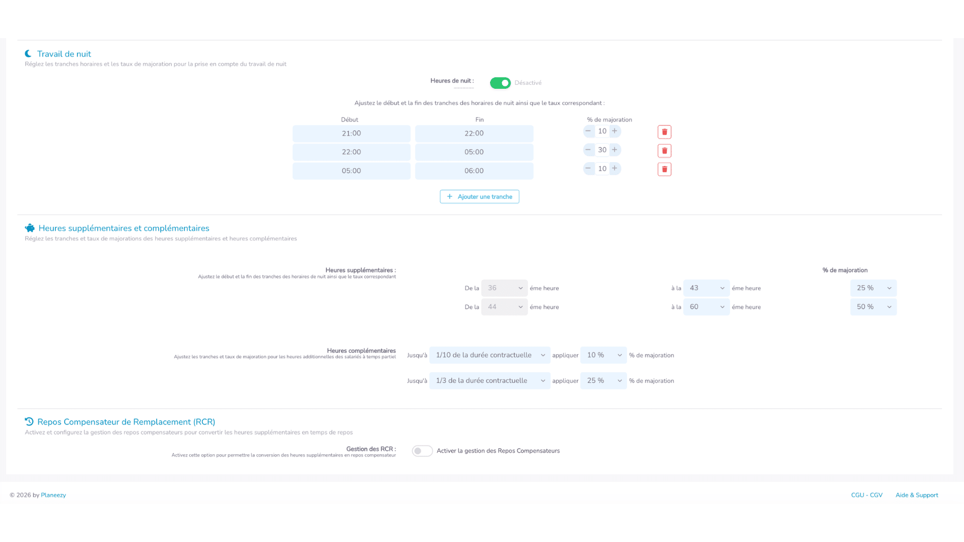 Configurer le travail de nuit, les majorations et le RCR