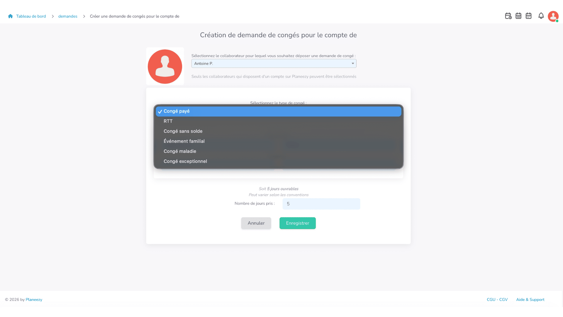 Liste des types d'absence disponibles dans une demande de congés.